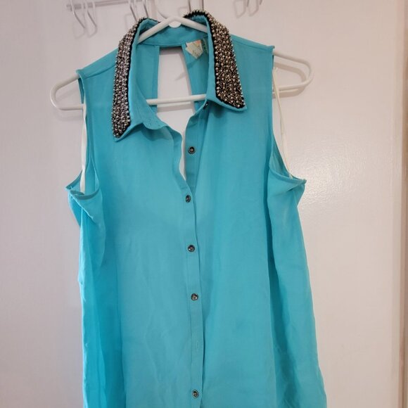 Andree Large women turquoise sheer shirt beadwork on color - Picture 1 of 16